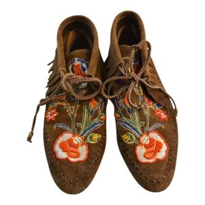 Tory Burch Embroidered Brown Fringe Moccasin Shoes